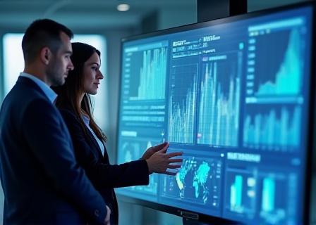 Personen analysieren Daten auf einem Bildschirm